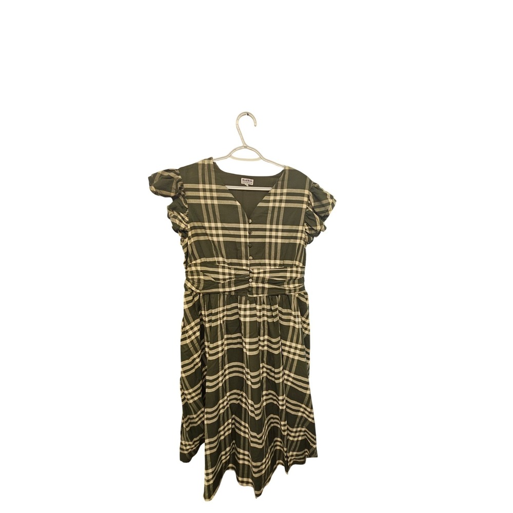 Blueberi Boulevard Olive Plaid Cotton Dress Womens XL Ruffle Sleeve Smocked Back